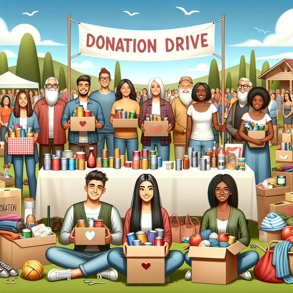A cartoon of happy people at a donation drive.